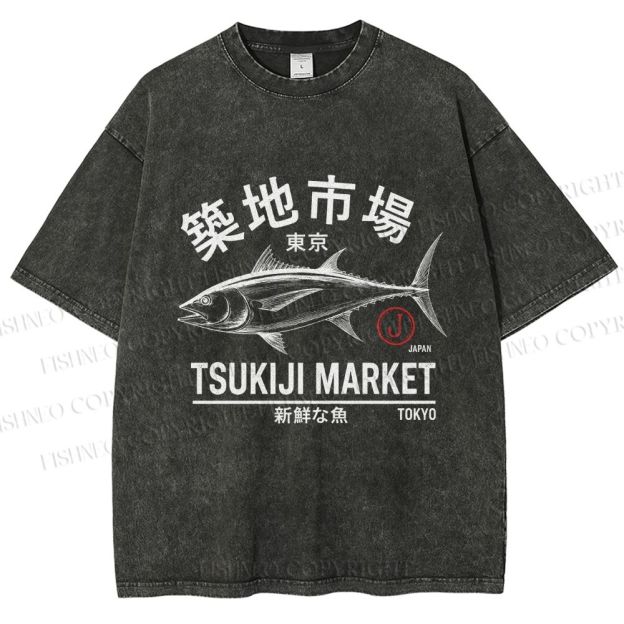Unisex Tsukiji Fish Market Printed Washed Tee