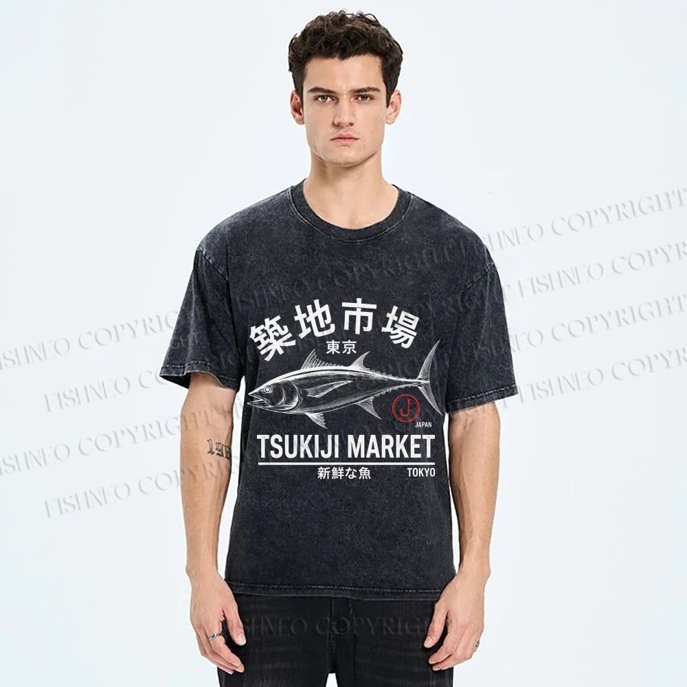 Unisex Tsukiji Fish Market Printed Washed Tee