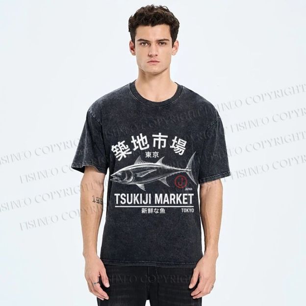 Unisex Tsukiji Fish Market Printed Washed Tee
