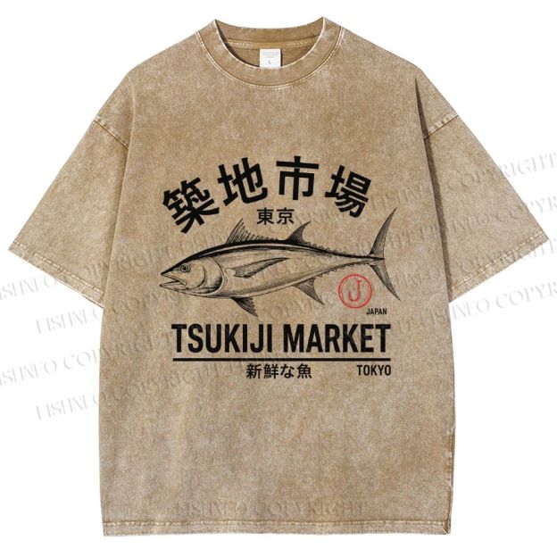 Unisex Tsukiji Fish Market Printed Washed Tee