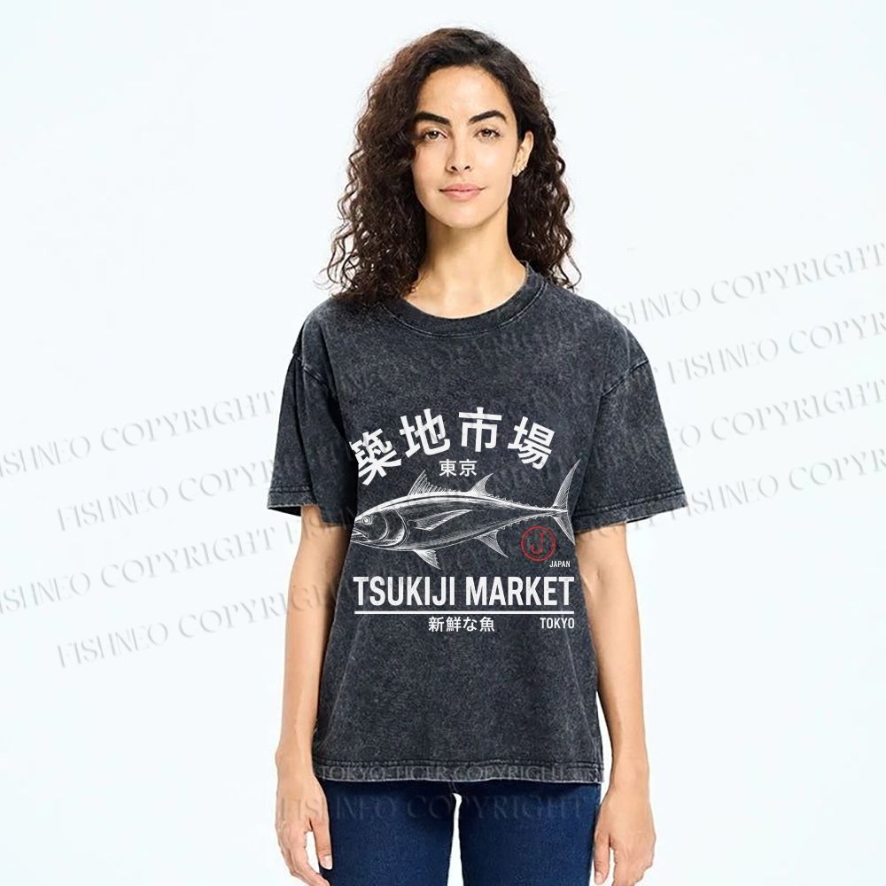 Unisex Tsukiji Fish Market Printed Washed Tee