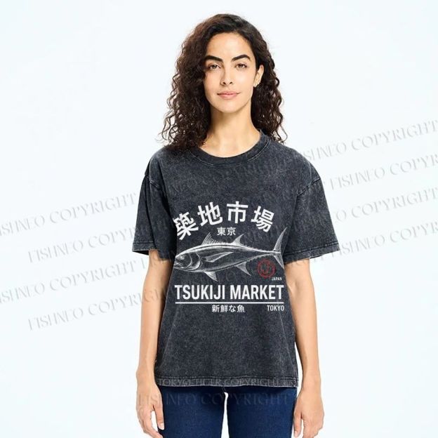 Unisex Tsukiji Fish Market Printed Washed Tee