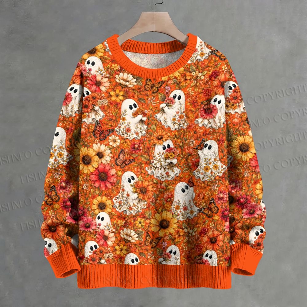 Halloween Floral Ghost Crew Neck Sweater