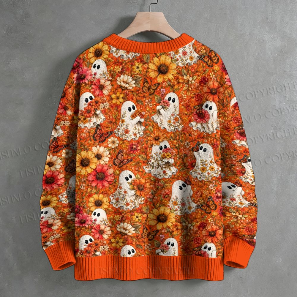 Halloween Floral Ghost Crew Neck Sweater