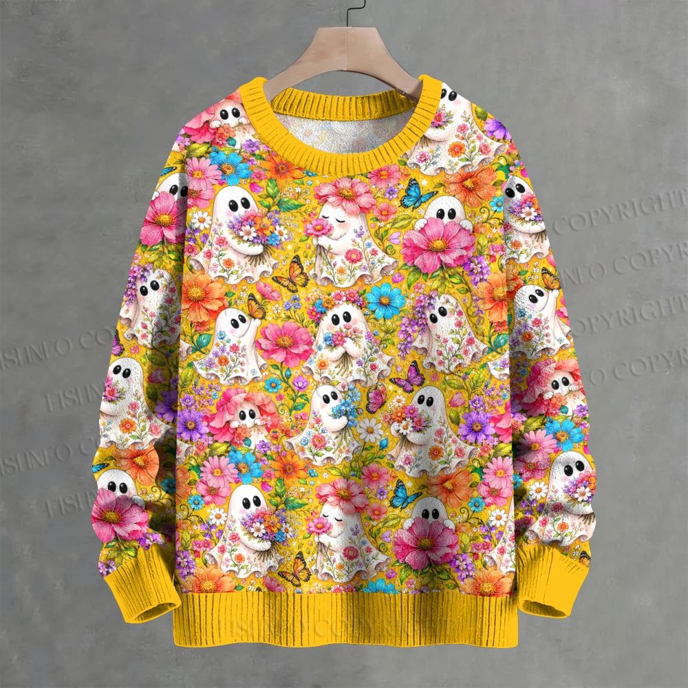 Halloween Floral Ghost Crew Neck Sweater