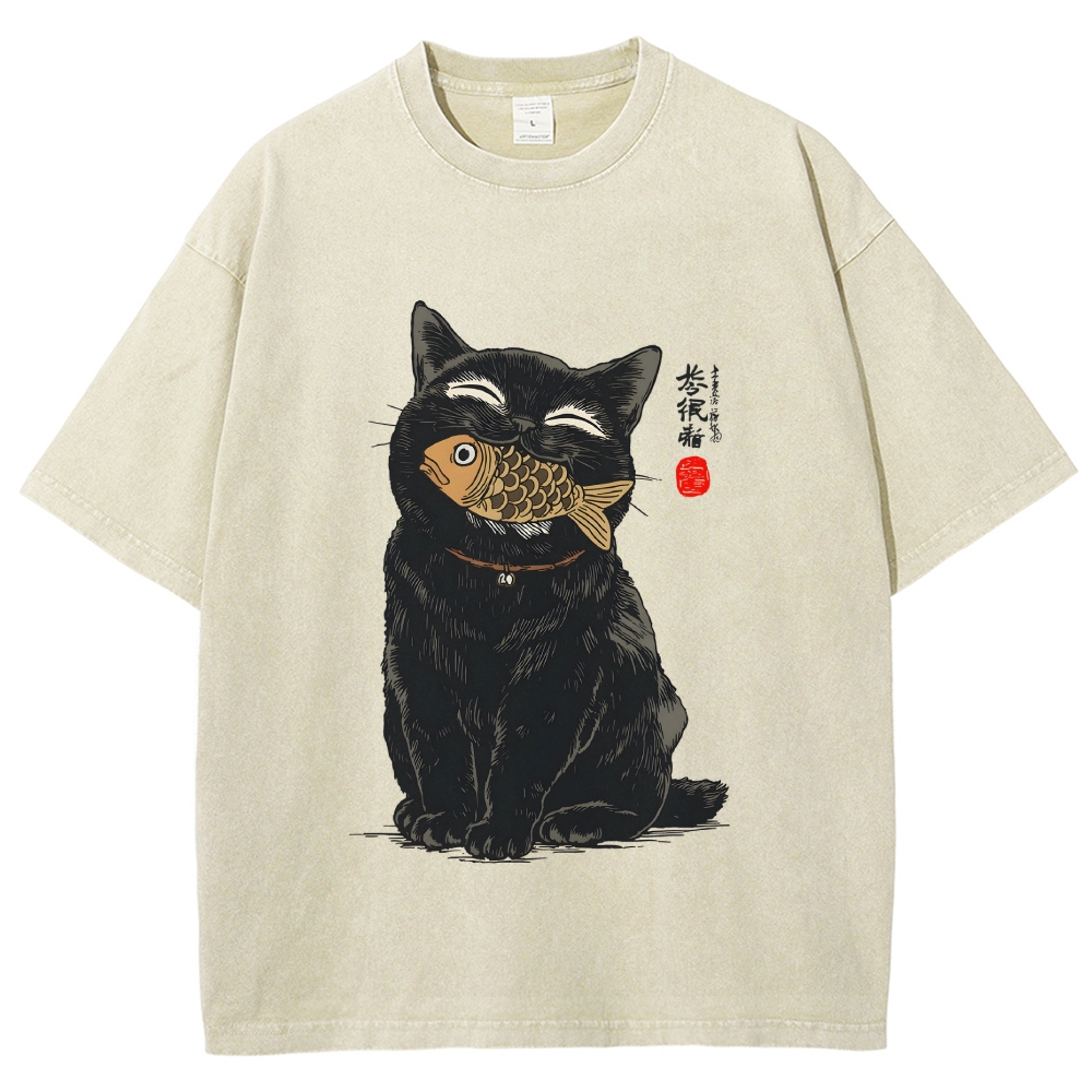 Cat Eating Fish Vintage Washed T-shirt