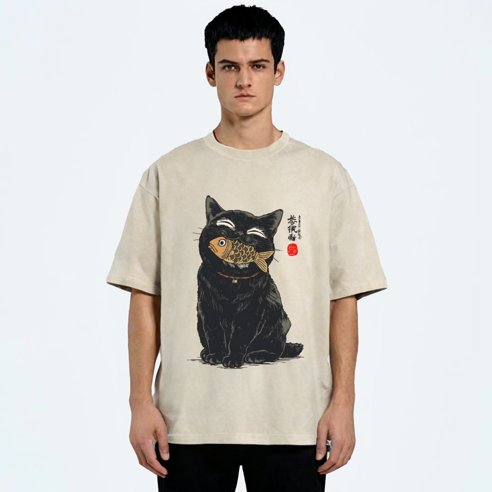 Cat Eating Fish Vintage Washed T-shirt
