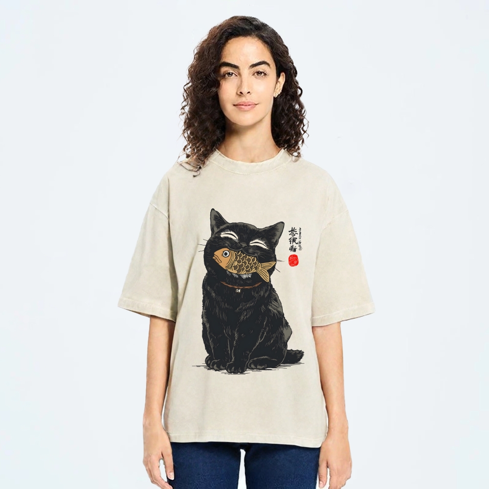 Cat Eating Fish Vintage Washed T-shirt