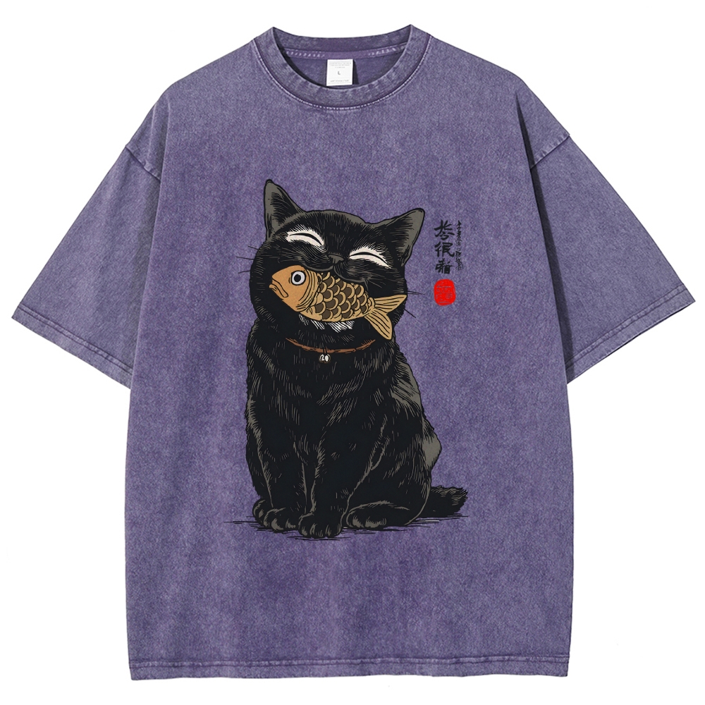 Cat Eating Fish Vintage Washed T-shirt