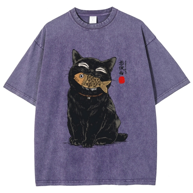 Cat Eating Fish Vintage Washed T-shirt