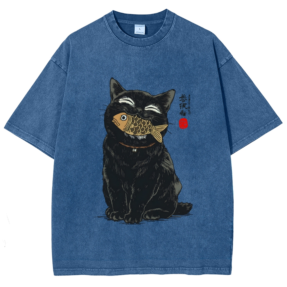 Cat Eating Fish Vintage Washed T-shirt
