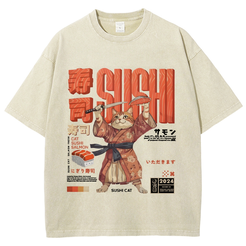Sushi Cat Salmon Vintage Wash Japanese Design T-Shirt