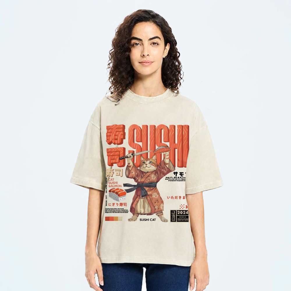 Sushi Cat Salmon Vintage Wash Japanese Design T-Shirt