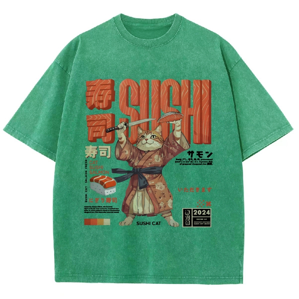 Sushi Cat Salmon Vintage Wash Japanese Design T-Shirt