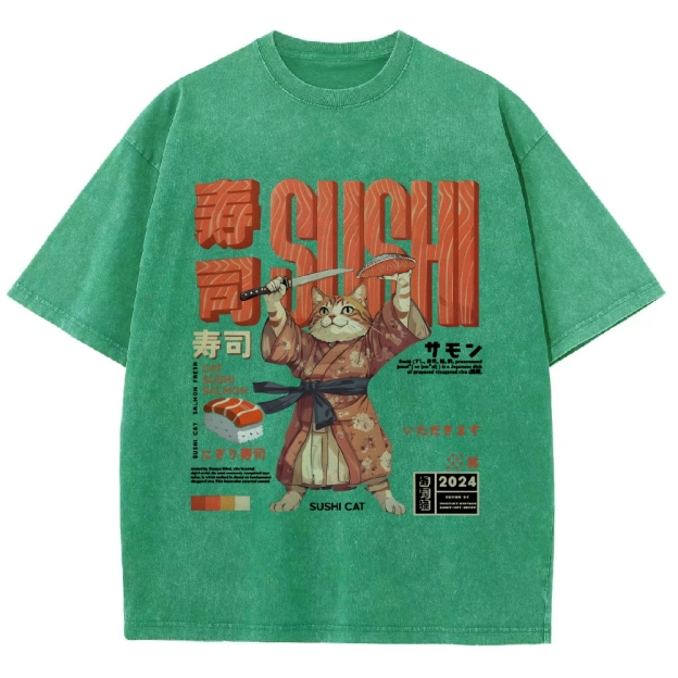 Sushi Cat Salmon Vintage Wash Japanese Design T-Shirt