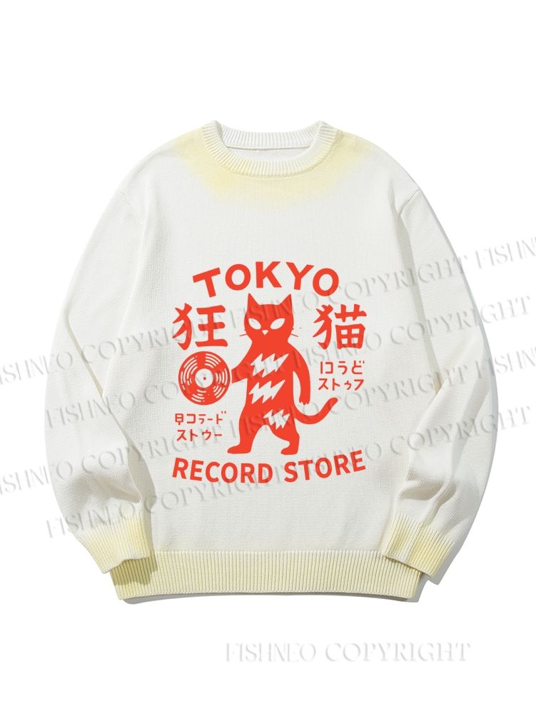 Unisex Tokyo Cat Holding Vinyl Record Gradient Casual sweater