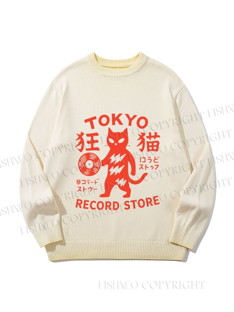 Unisex Tokyo Cat Holding Vinyl Record Gradient Casual sweater