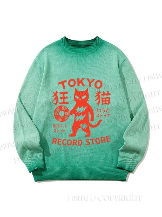 Unisex Tokyo Cat Holding Vinyl Record Gradient Casual sweater