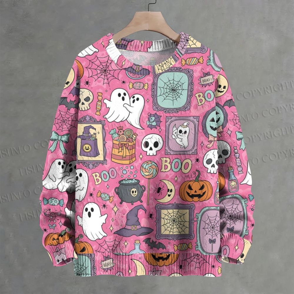 Pink Cute Ghost Boo Halloween All Over Crew Neck Sweater