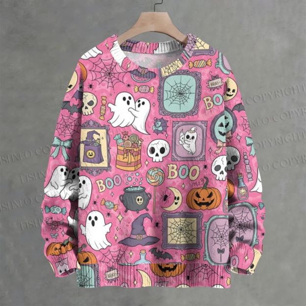 Pink Cute Ghost Boo Halloween All Over Crew Neck Sweater