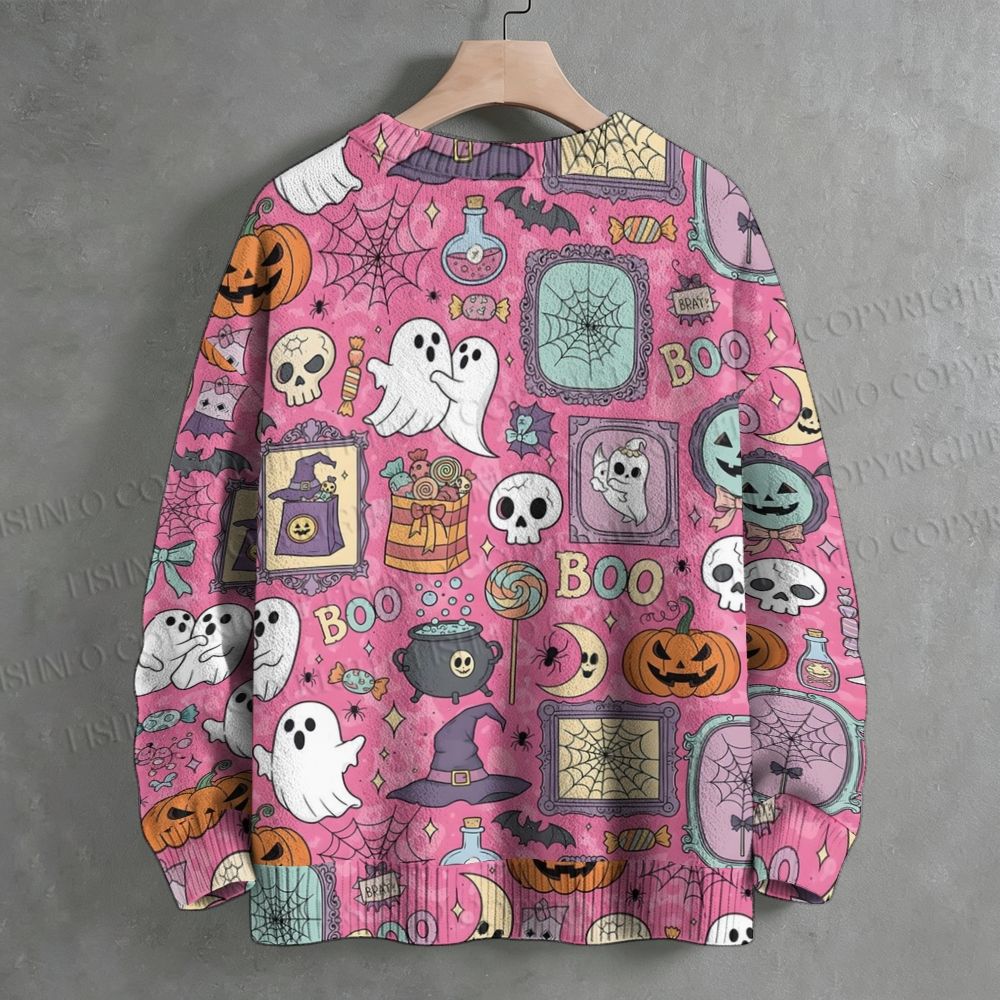 Pink Cute Ghost Boo Halloween All Over Crew Neck Sweater