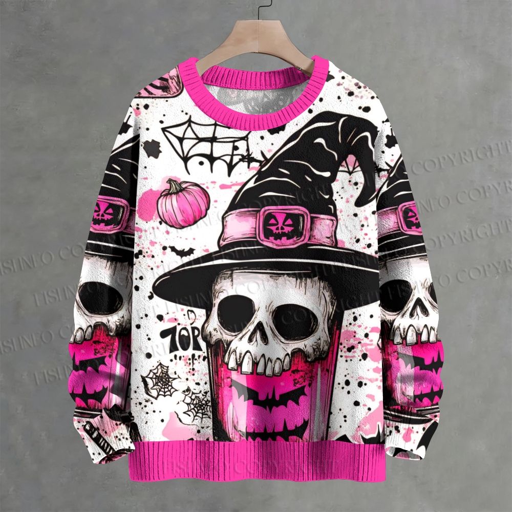 Pink Black Witch Skull Graffiti Halloween Crew Neck Sweater