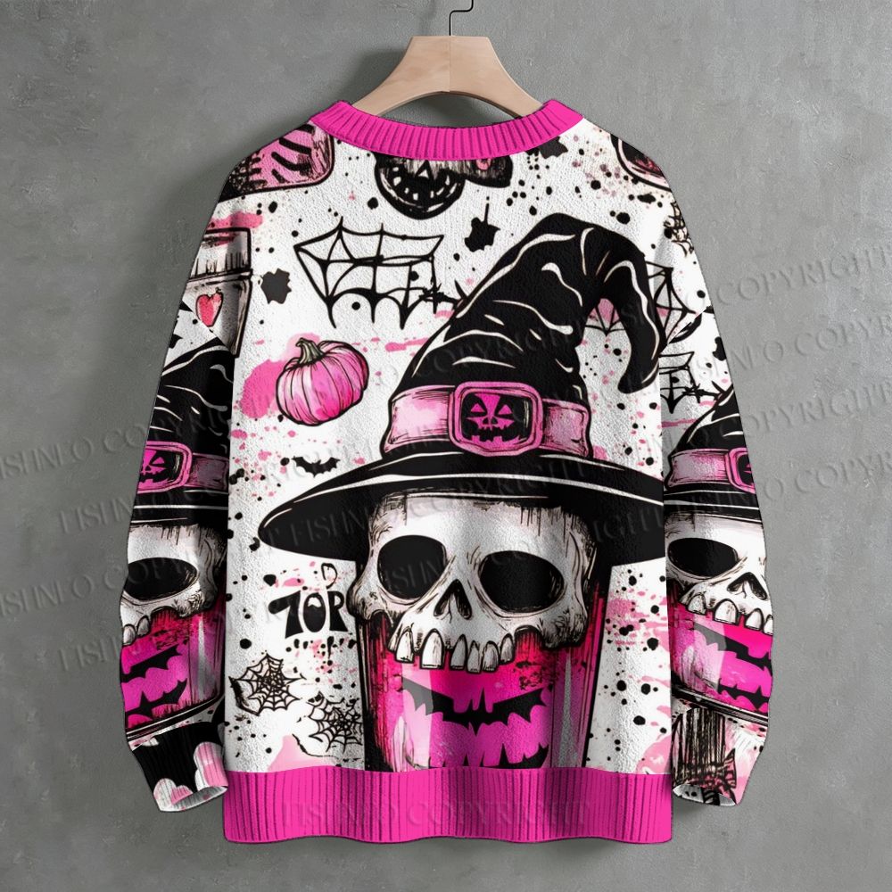 Pink Black Witch Skull Graffiti Halloween Crew Neck Sweater