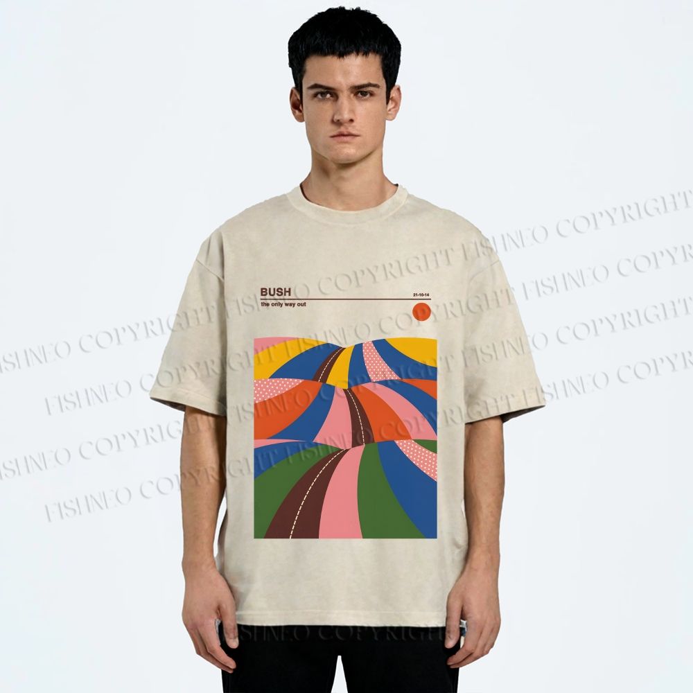 Unisex Colorful Contrast Landscape Minimalist Art Printed Washed Tee