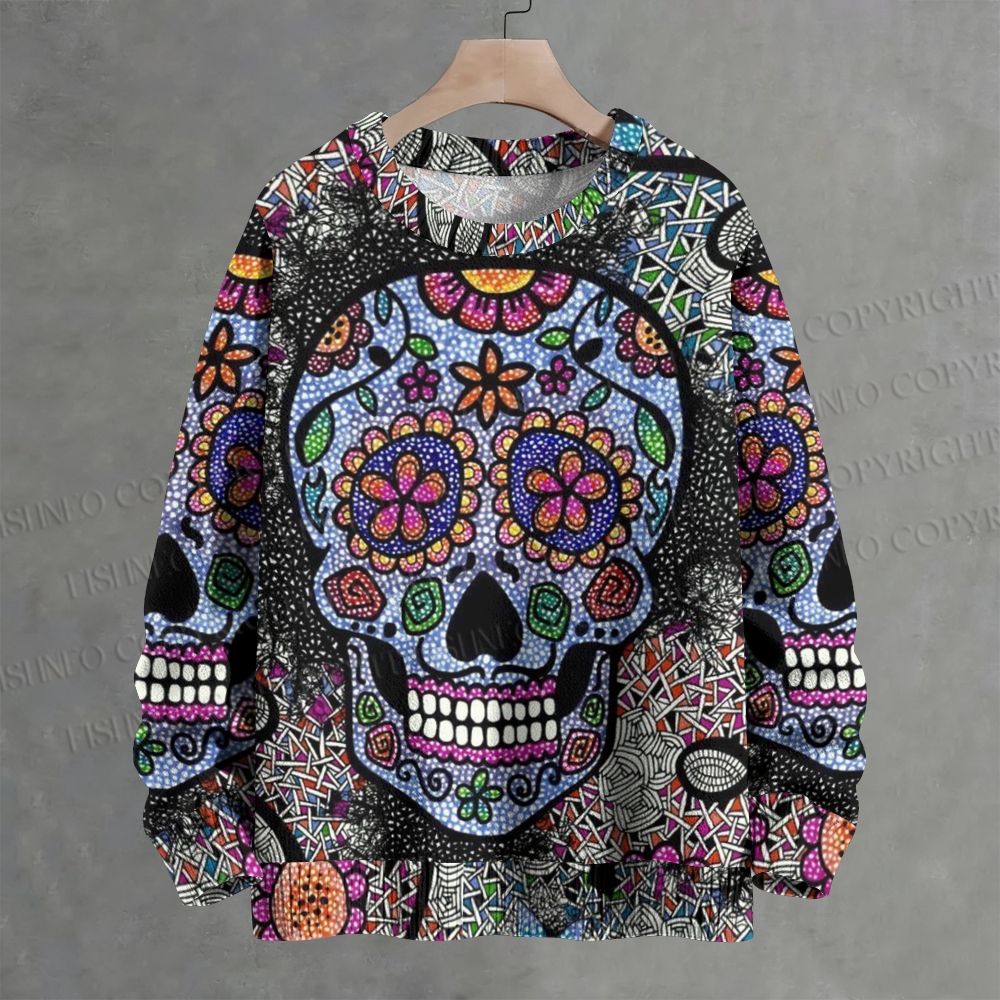 Sugar Skull Floral Dot Art Crew Neck Sweater