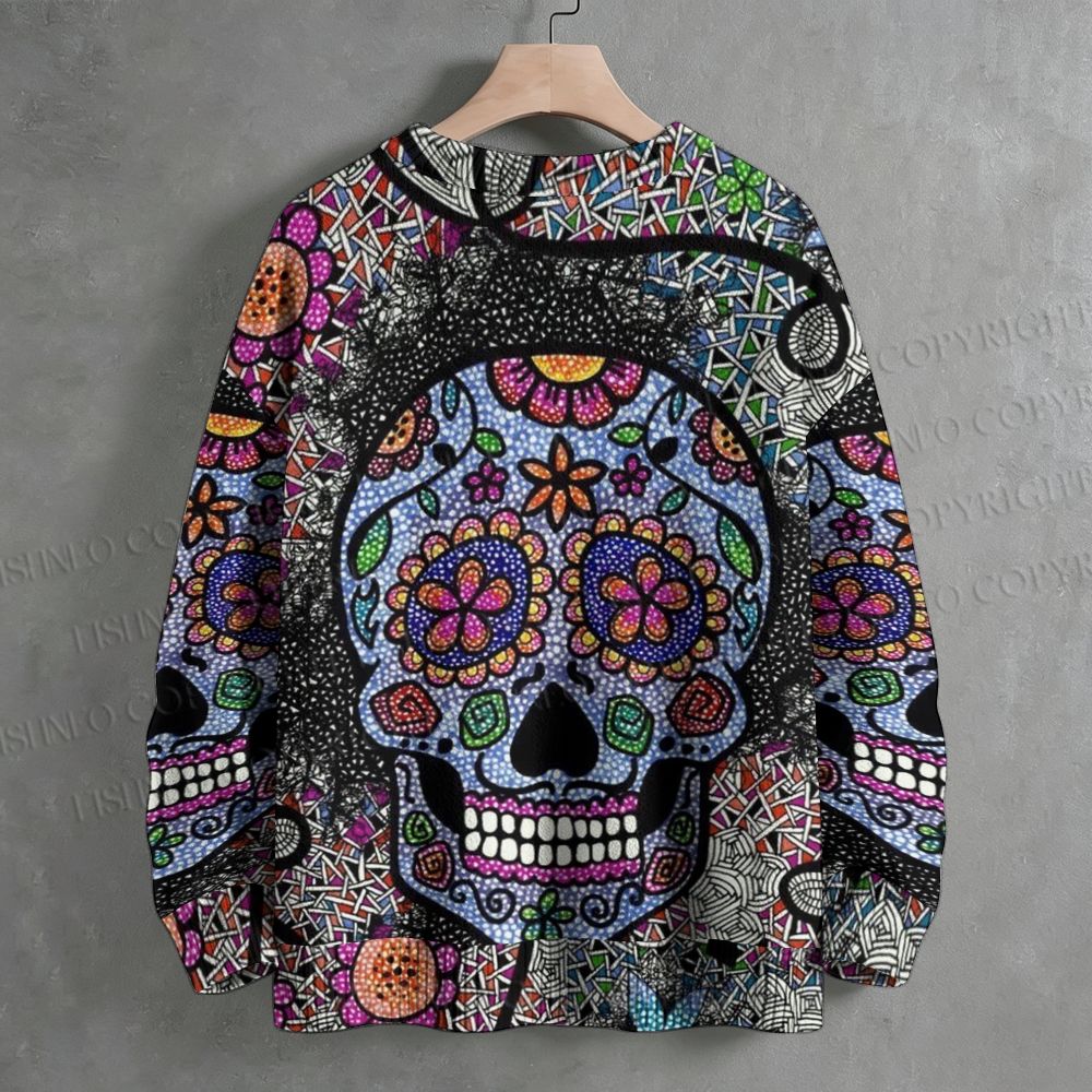 Sugar Skull Floral Dot Art Crew Neck Sweater