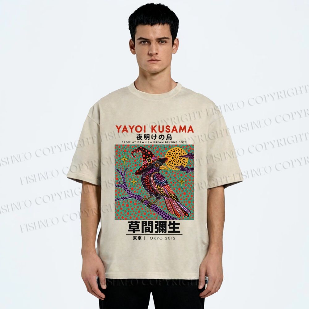Unisex Yayoi Kusama Halloween Crow Printed Washed Tee