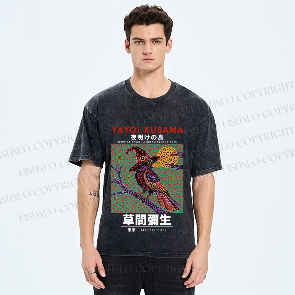 Unisex Yayoi Kusama Halloween Crow Printed Washed Tee