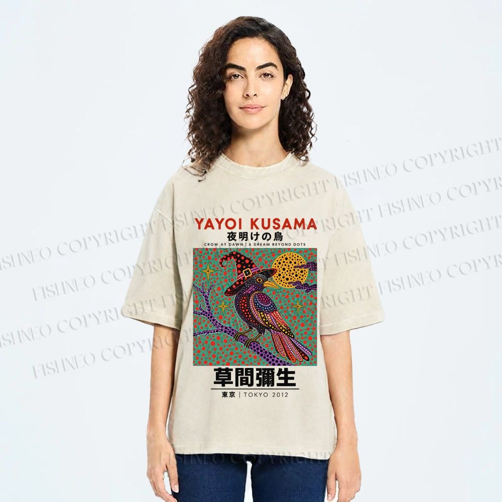 Unisex Yayoi Kusama Halloween Crow Printed Washed Tee
