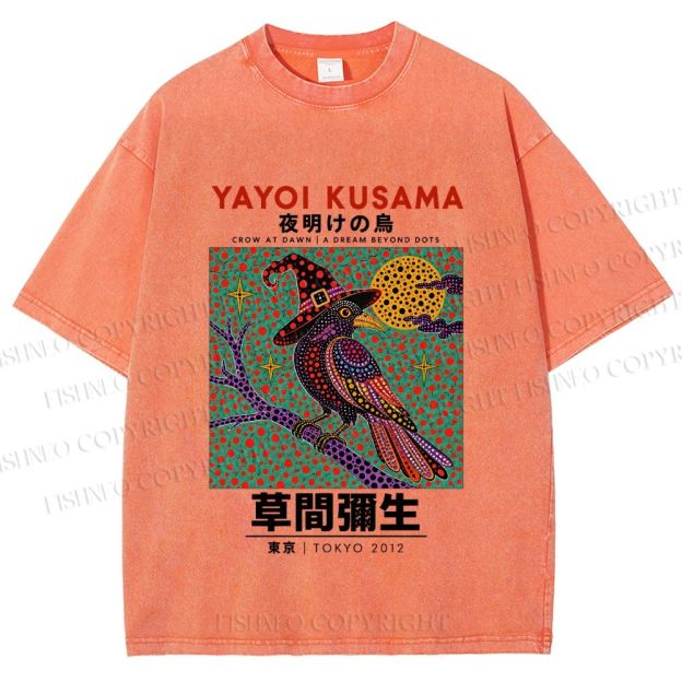 Unisex Yayoi Kusama Halloween Crow Printed Washed Tee