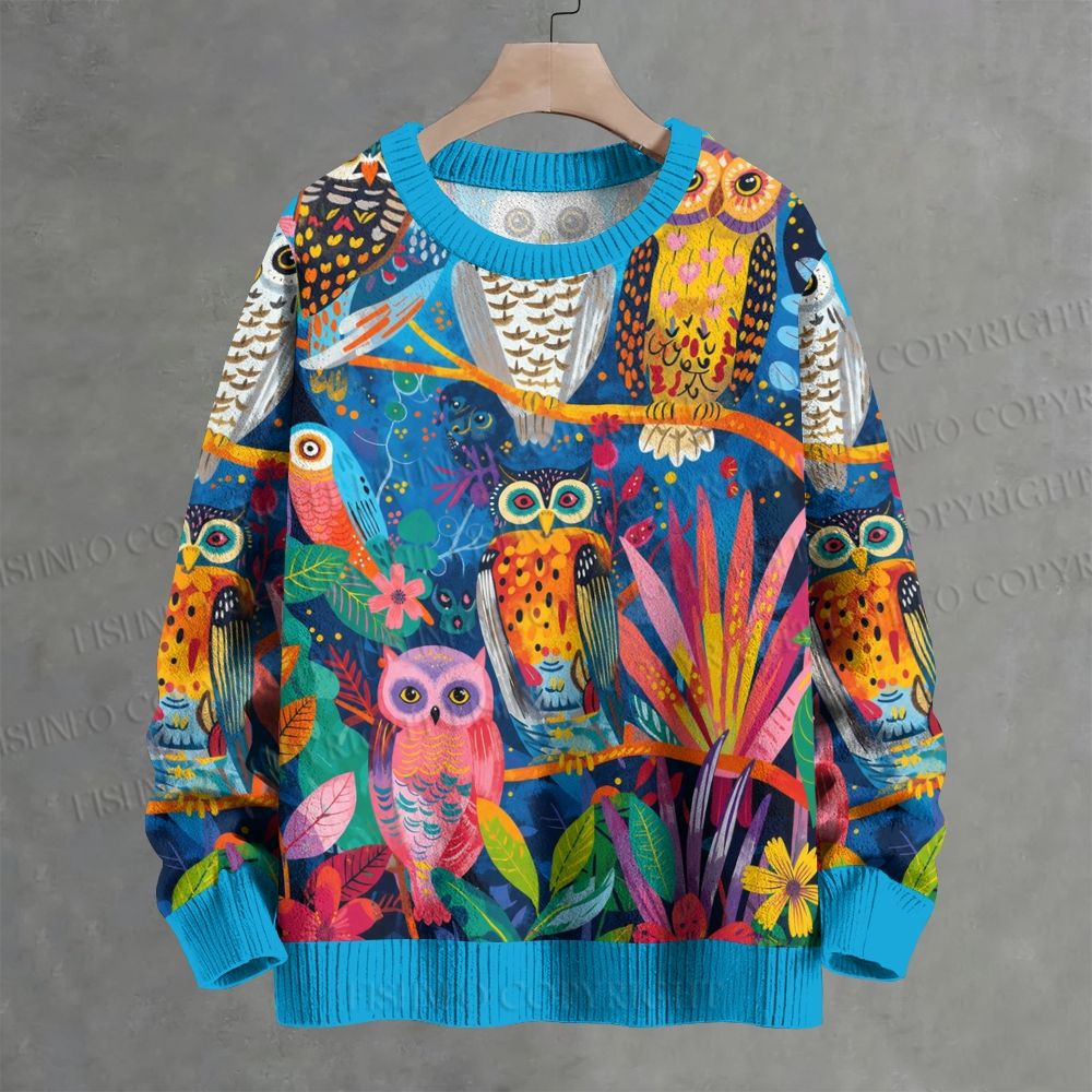 Tropical Forest Owl Art Crew Neck Sweater