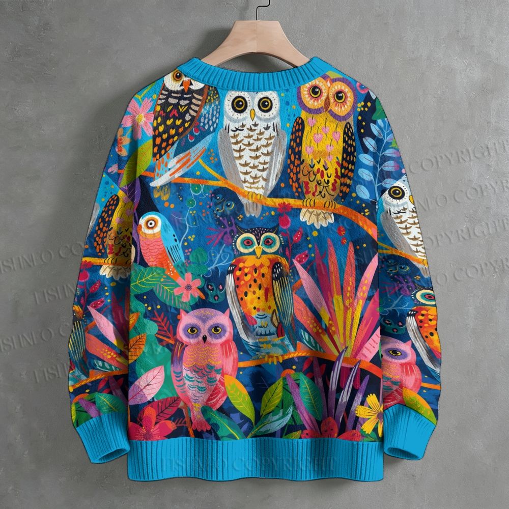 Tropical Forest Owl Art Crew Neck Sweater