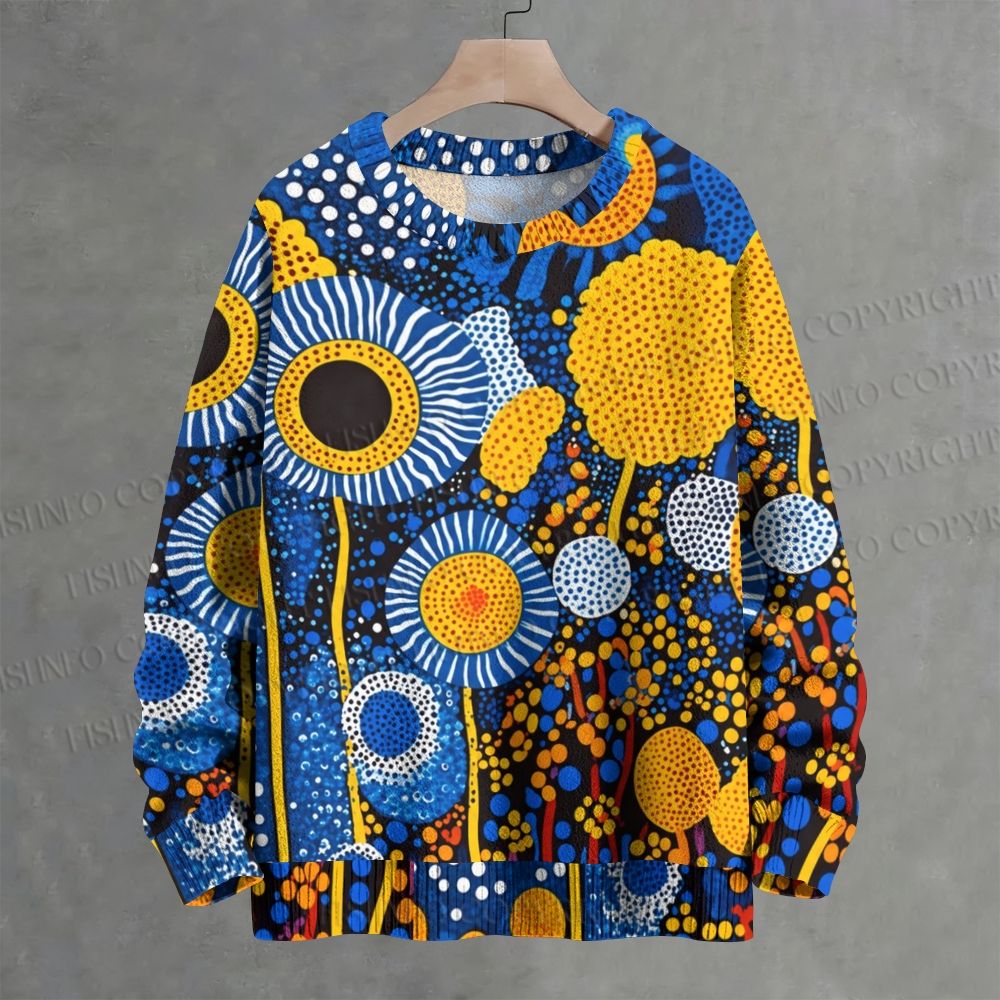 Yayoi Kusama Blue Yellow Dot Sunflower Crew Neck Sweater