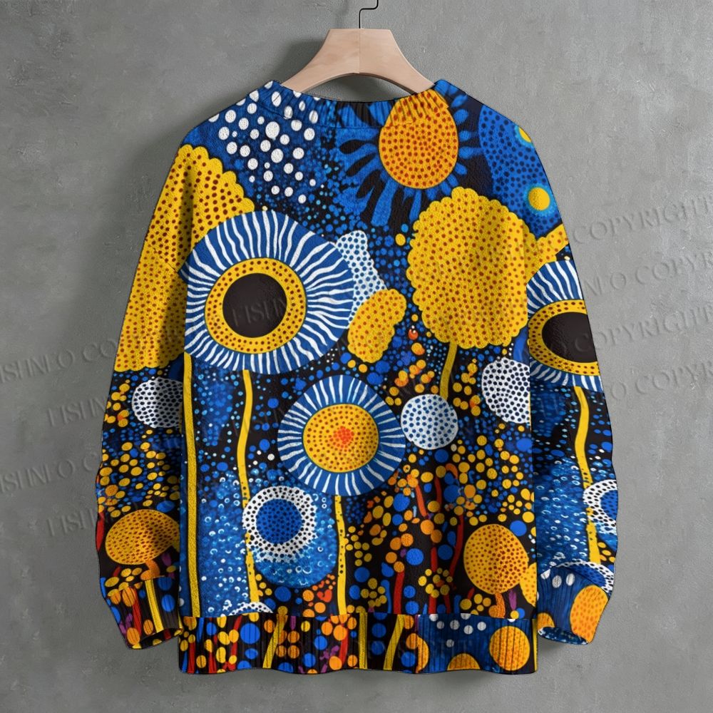 Yayoi Kusama Blue Yellow Dot Sunflower Crew Neck Sweater