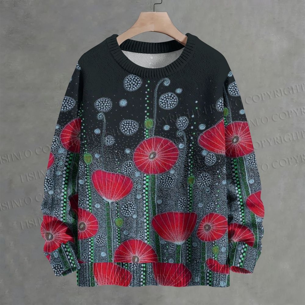 Red Poppy Flowers Crew Neck Sweater