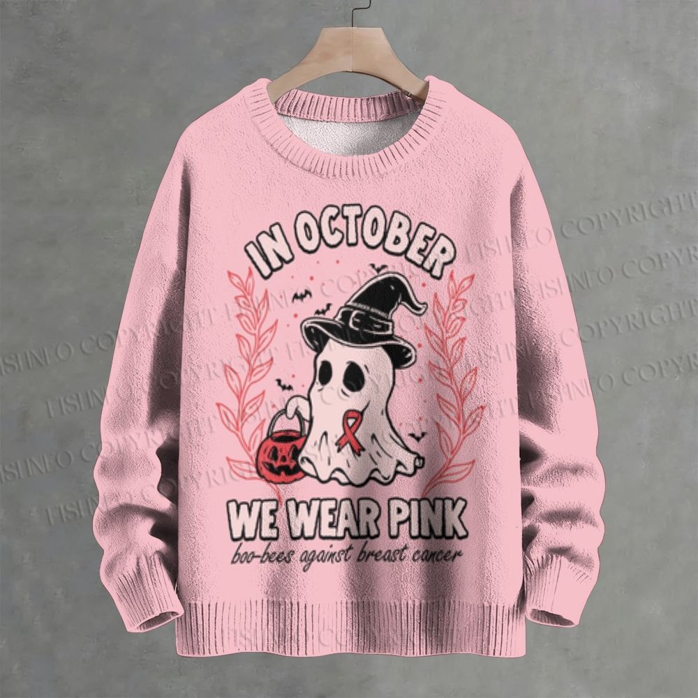 In October We Wear Pink Halloween Ghost  Crew Neck Sweater