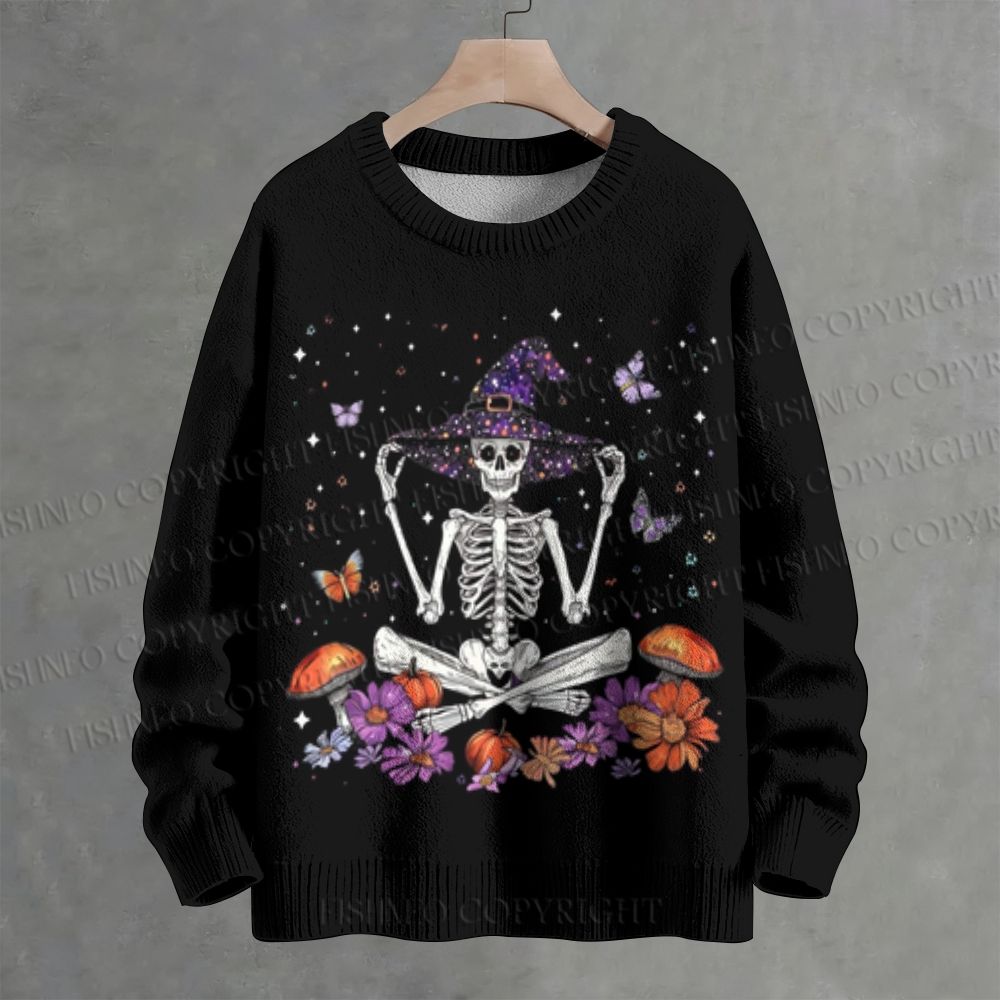 Meditating Witch Skeleton Pumpkin Butterfly Crew Neck Sweater