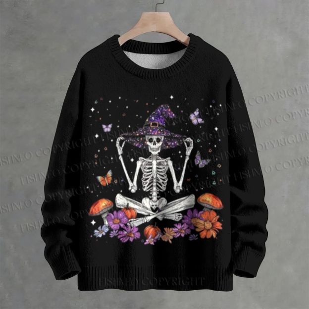 Meditating Witch Skeleton Pumpkin Butterfly Crew Neck Sweater