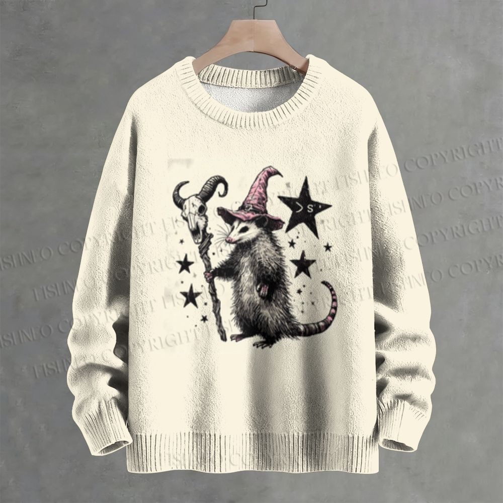 Wizard Opossum With Goat Skull Staff Crew Neck Sweater