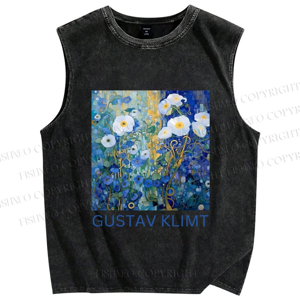 Unisex Klimt Blue Flowers Printed Washed Tank Top