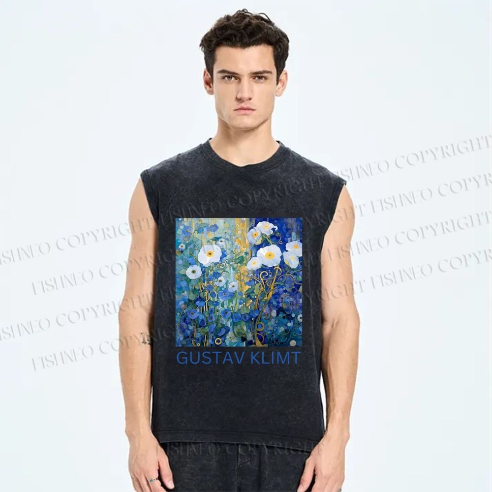 Unisex Klimt Blue Flowers Printed Washed Tank Top
