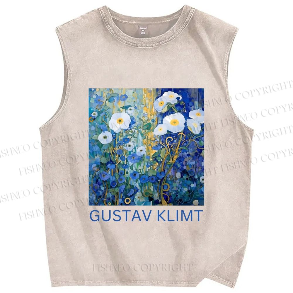 Unisex Klimt Blue Flowers Printed Washed Tank Top