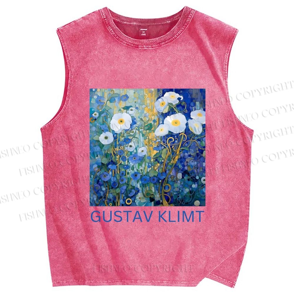 Unisex Klimt Blue Flowers Printed Washed Tank Top