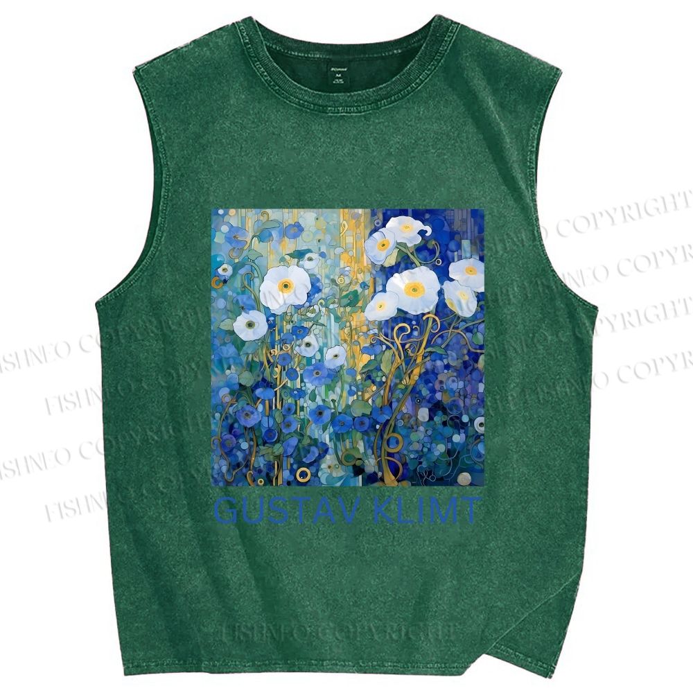 Unisex Klimt Blue Flowers Printed Washed Tank Top