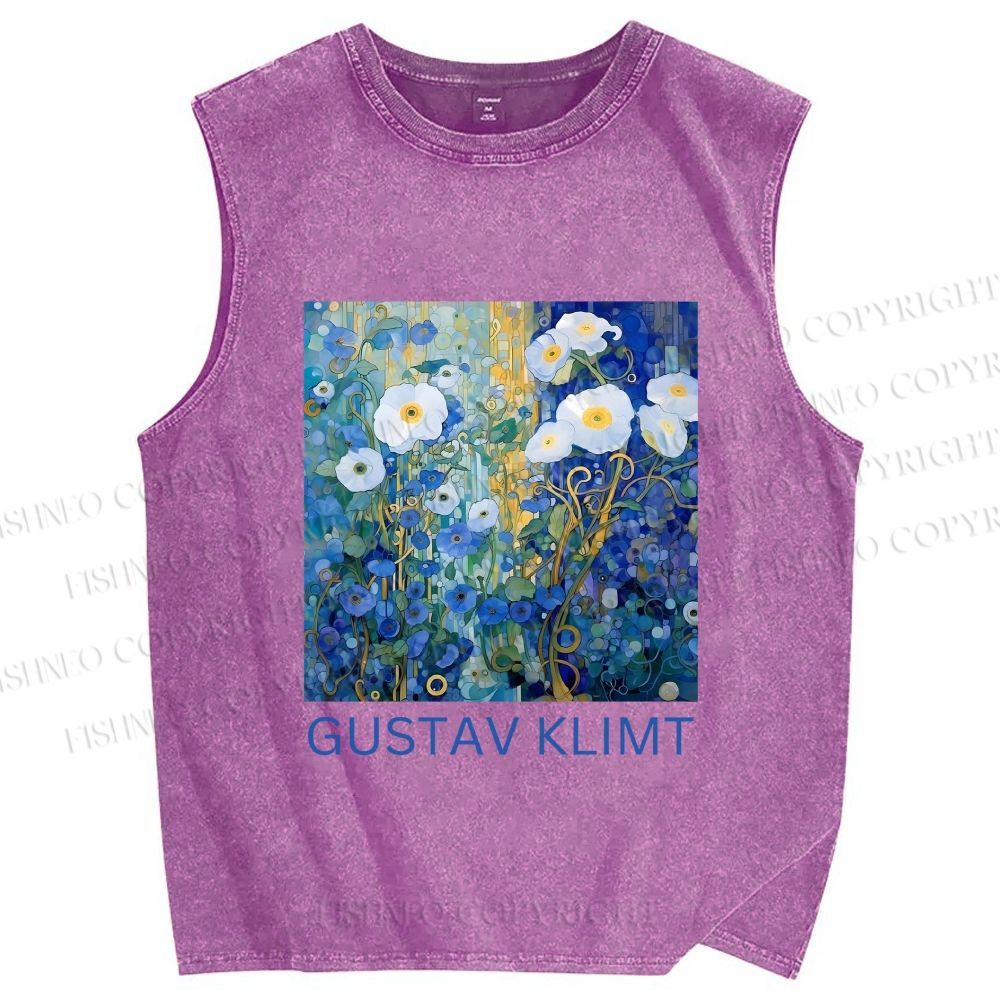 Unisex Klimt Blue Flowers Printed Washed Tank Top