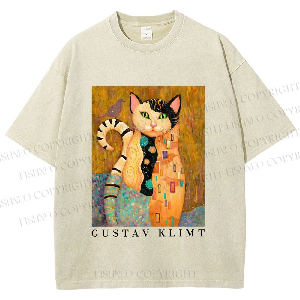 Unisex Klimt Funny Cat Printed Washed Tee
